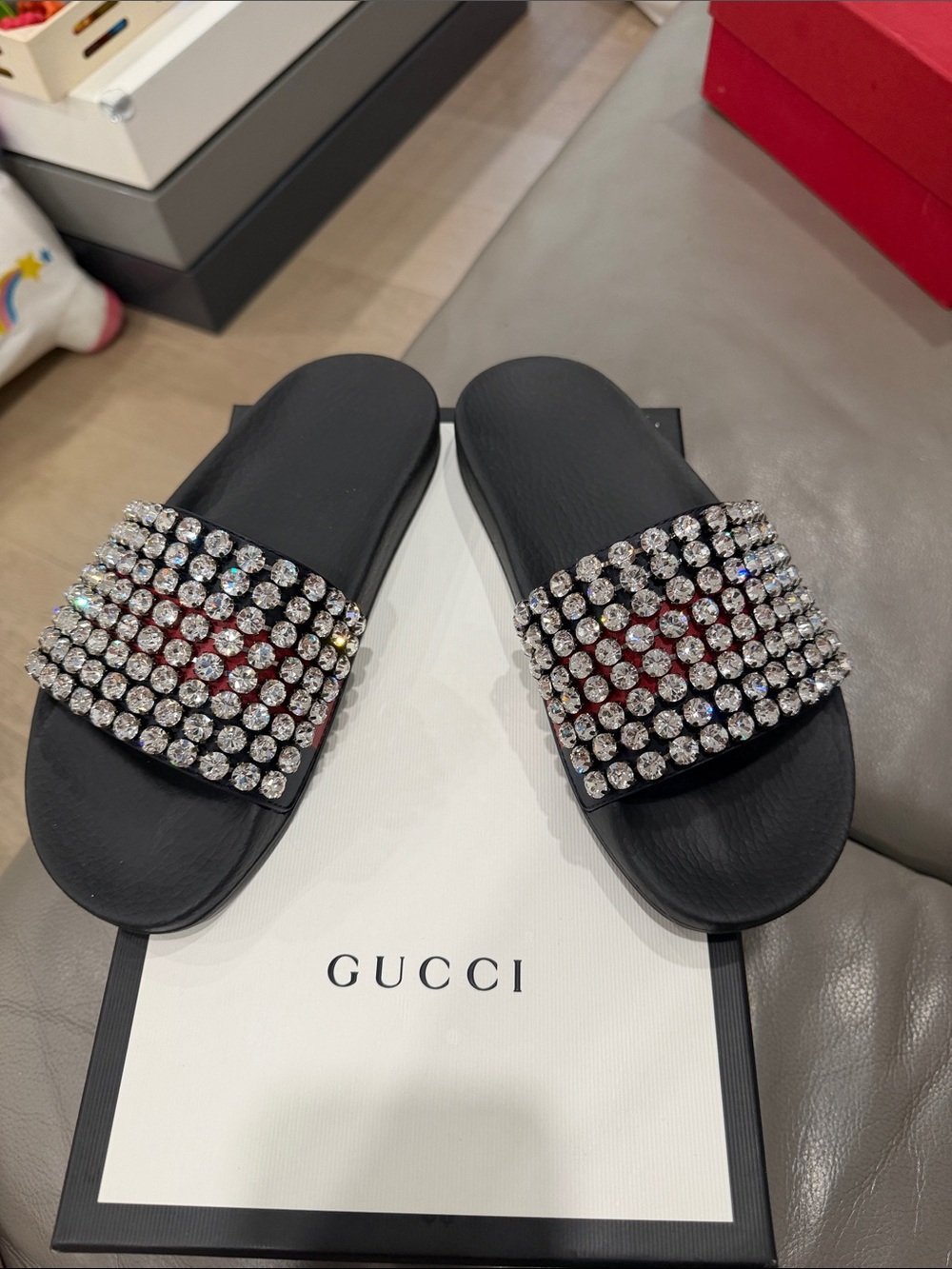 Gucci Black Crystal Embellished Slide Sandals
